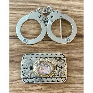 VTG Belt Buckle Lot Handcuffs Police Novelty Abalone Shell Western Silver Tone